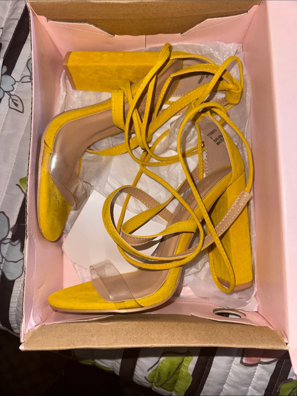 Charlotte Russe Yellow Lace-Up Block Heels with Clear Toe Strap size 7